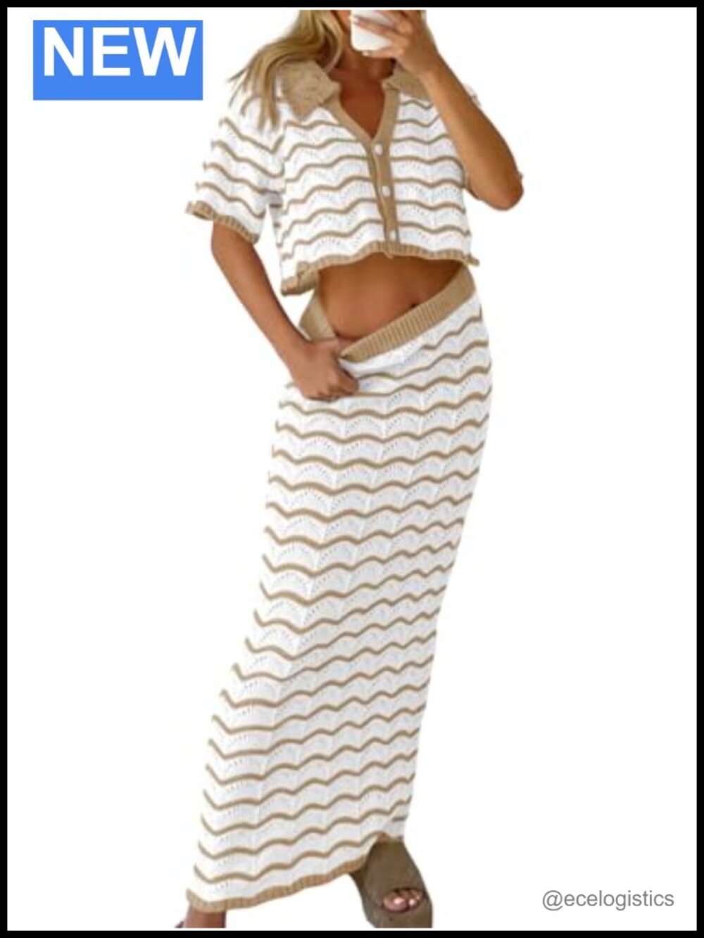 Women Striped Crochet Beach Cover Up Set Button Top Maxi Skirt 2 Piece